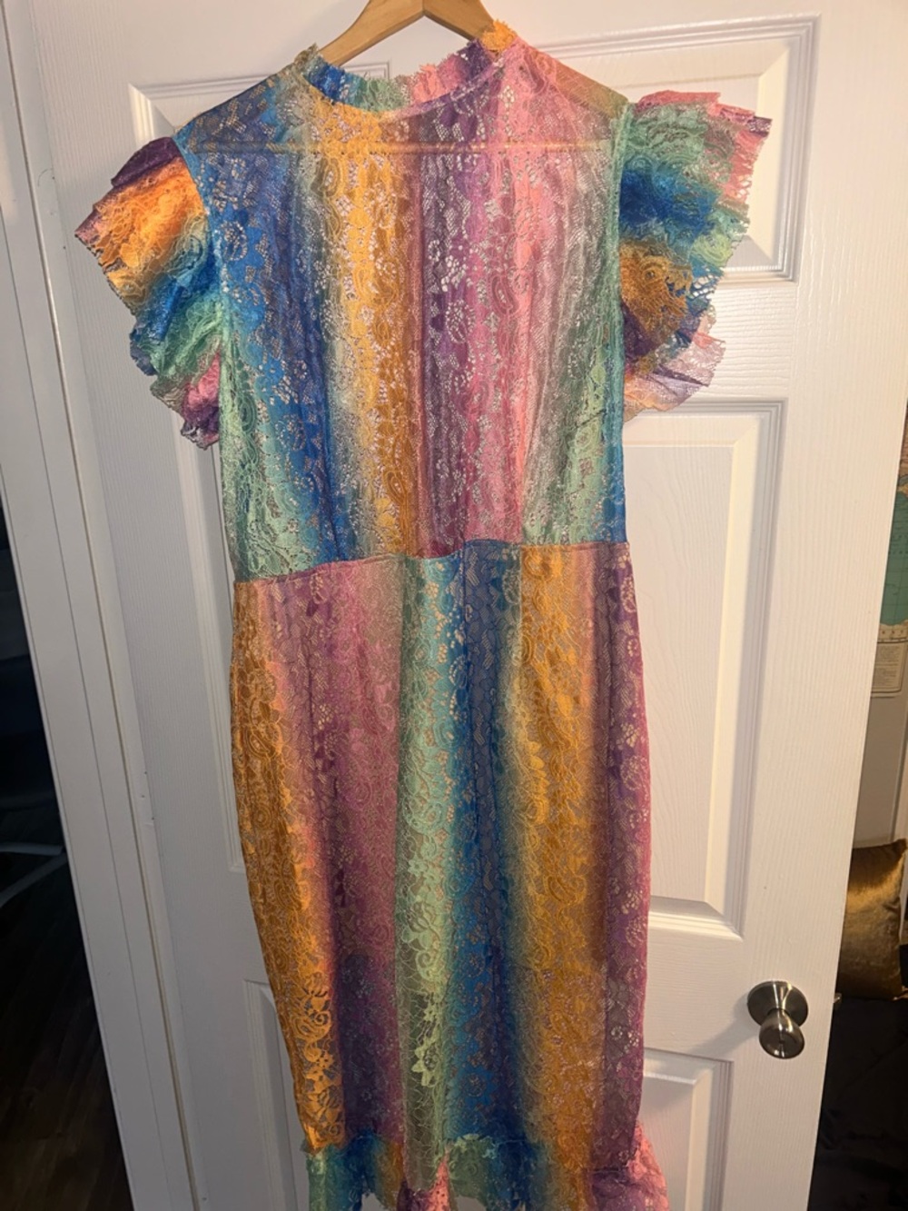 Curvy Rainbow Lace Midi Dress with Ruffle Sleeves - Multicolor - Picture 7 of 10